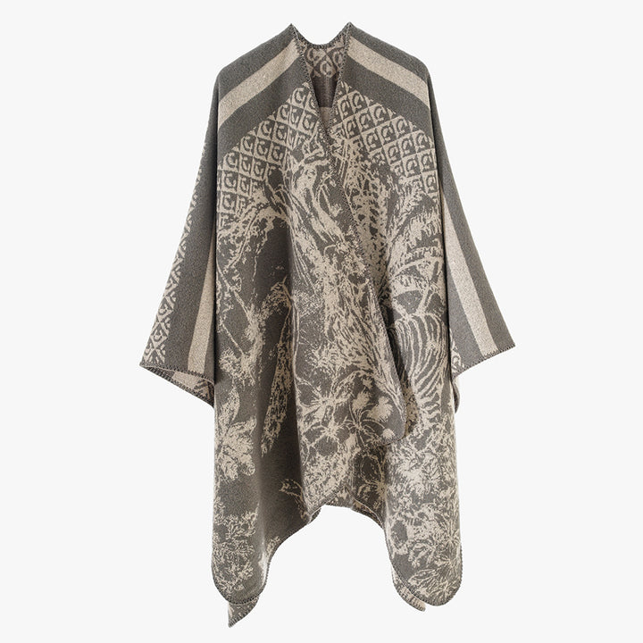 Damen Luxuriöser Jacquard-Motivponcho mit asymmetrischem Zipfelsaum Drune