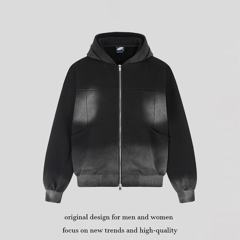 Unisex Kapuzen-Zipjacke mit Ombre‑Färbung, Oversize‑Silhouette und Kängurutaschen Drune
