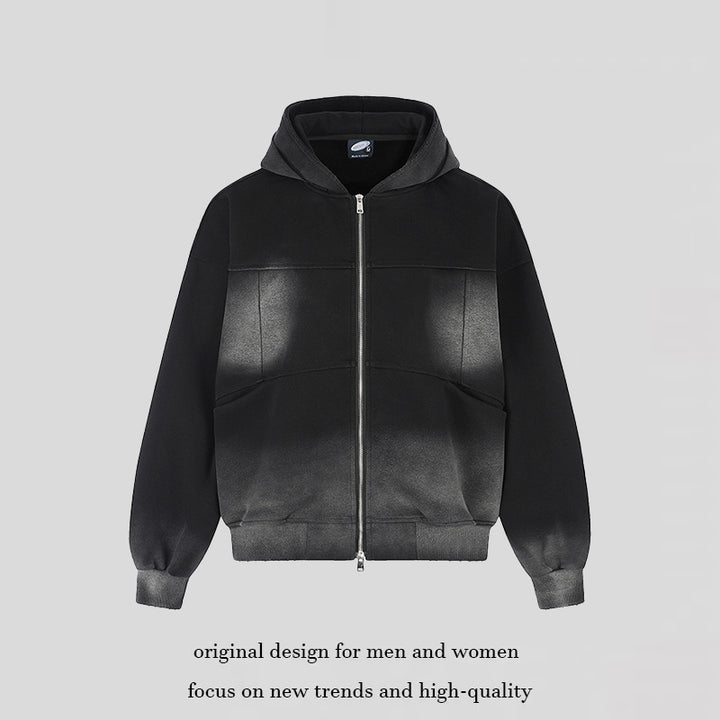 Unisex Kapuzen-Zipjacke mit Ombre‑Färbung, Oversize‑Silhouette und Kängurutaschen Drune
