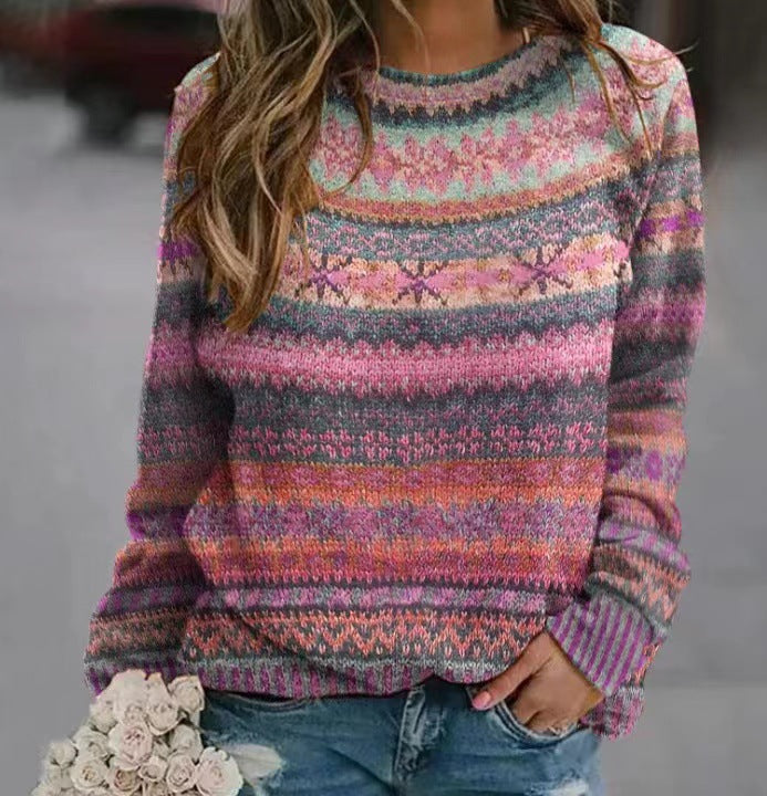 Damen gemusterter Strickpullover mit Rundhalsausschnitt, Fair Isle Muster und lässigem Oversized-Schnitt Drune
