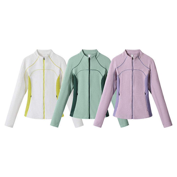 Damen Waffelstruktur-Funktionsjacke mit durchgehendem Reißverschluss, Stehkragen und Kontrast-Seiteneinsätzen Drune