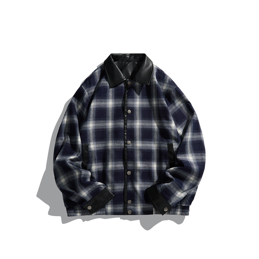 Herren Karierte Overshirt‑Jacke aus Flanell mit Kunstleder‑Details und Druckknopfleiste Drune