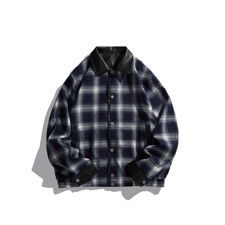 Herren Karierte Overshirt‑Jacke aus Flanell mit Kunstleder‑Details und Druckknopfleiste Drune