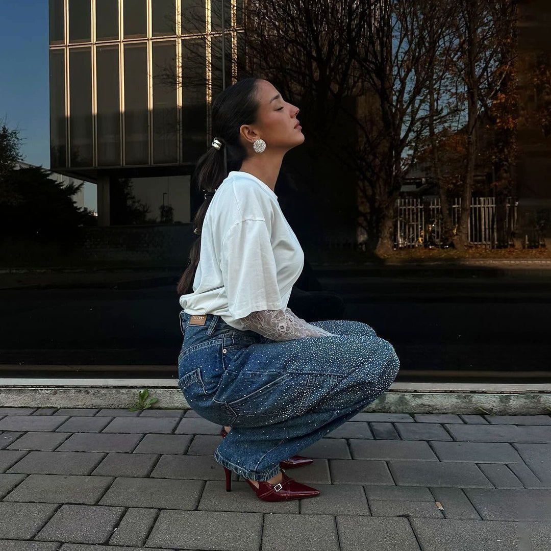 Damen Modisches Oversized T-Shirt mit Spitzenärmeln Drune