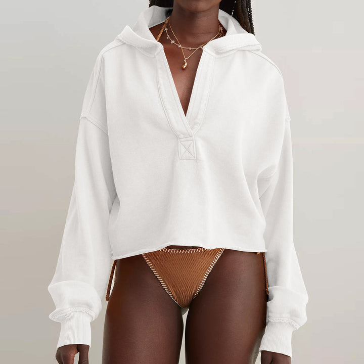 Damen Oversize Kapuzenpullover mit tiefem V-Ausschnitt, offener Knopfleiste und rohem Saum Drune