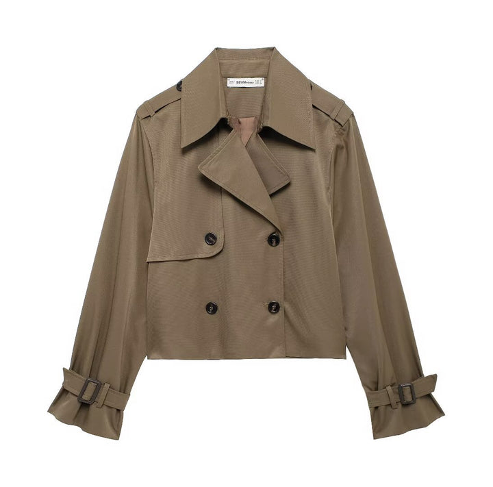 Damen nan kurzer Cropped Trenchcoat im Boxy‑Schnitt mit doppelreihiger Knopfleiste Schulterklappen und verstellbaren Ärmelriemen Drune