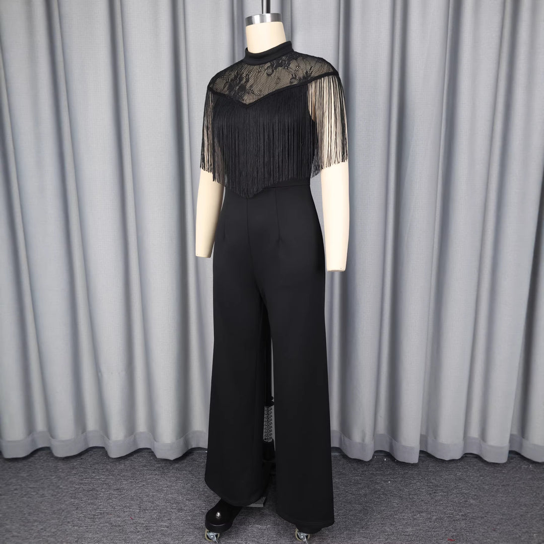 Damen eleganter Jumpsuit mit fransendem Spitzeneinsatz Drune