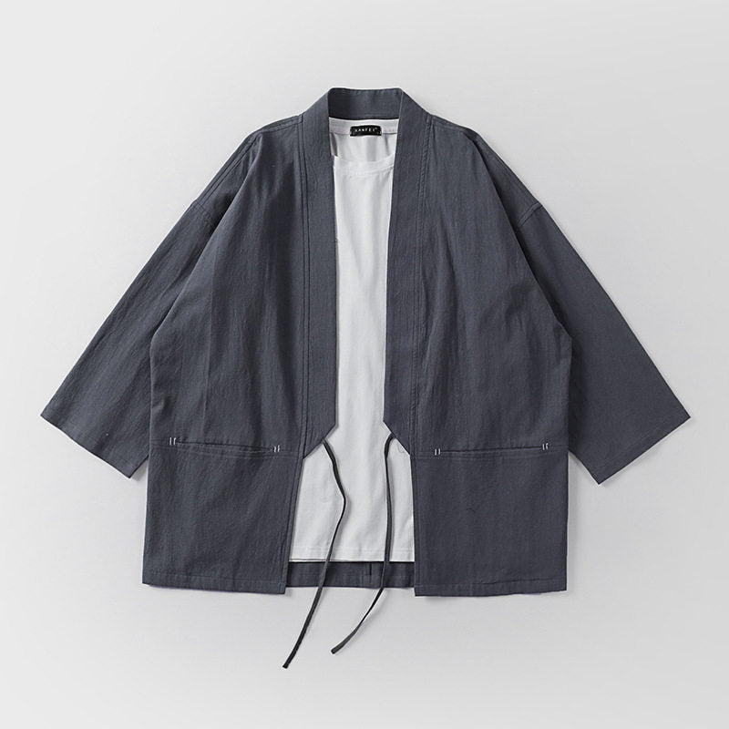 Unisex Kimono-Haori-Jacke mit Bindegürtel und dreiviertelärmeln Drune