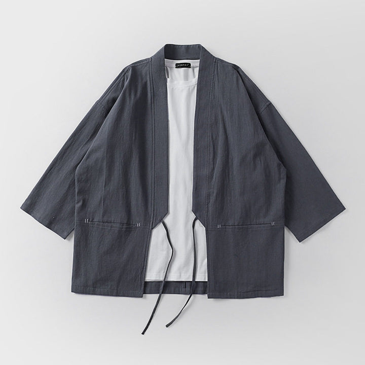 Unisex Kimono-Haori-Jacke mit Bindegürtel und dreiviertelärmeln Drune