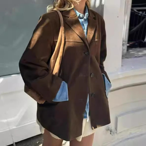 Damen Wildlederblazer im Vintage-Stil mit Taschen Drune