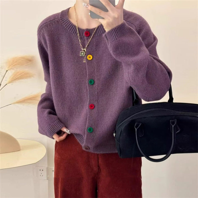 Damen kuschelige Strickjacke mit bunten Knopfdetails und modernem Schnitt Drune