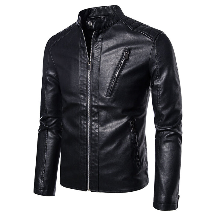 Herren Slim-Fit Kunstleder-Motorradblouson mit gesteppter Schulterpartie und hochgeschlossenem Stehkragen Drune