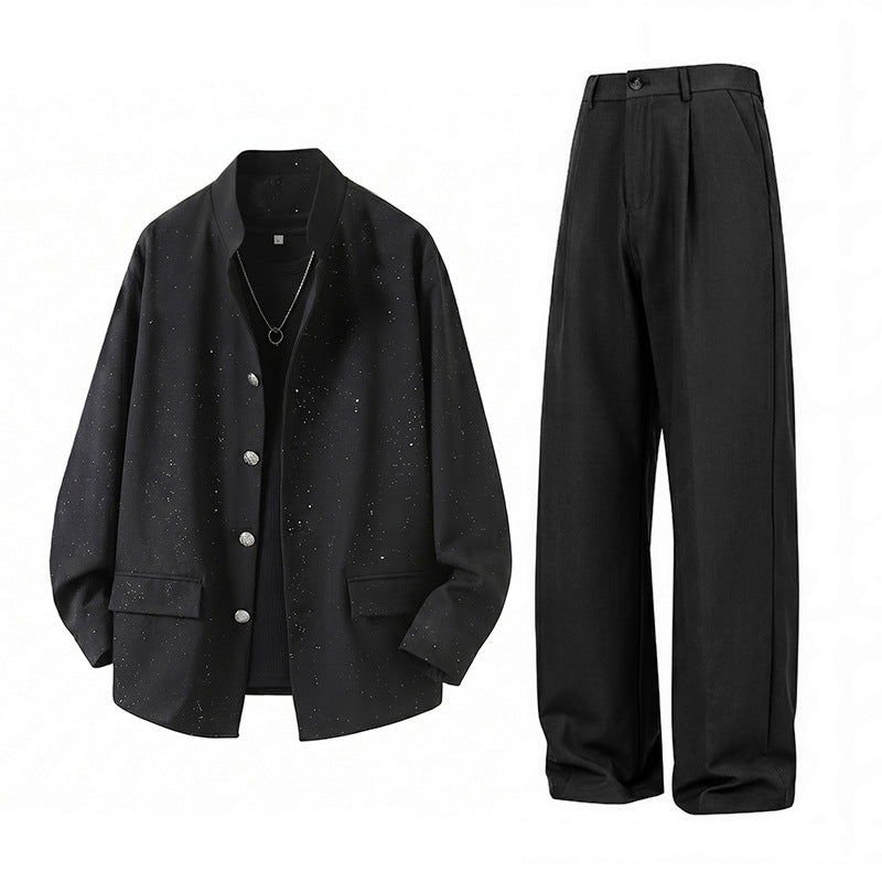 Herren Zweiteiliges Oversize-Lounge-Set mit gesprenkelter Übergangsjacke und weiter Bundfaltenhose Drune