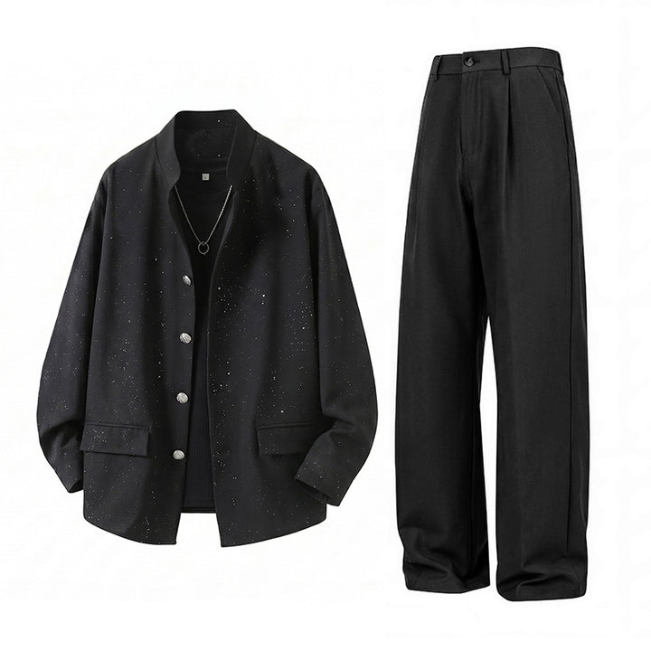 Herren Zweiteiliges Oversize-Lounge-Set mit gesprenkelter Übergangsjacke und weiter Bundfaltenhose Drune