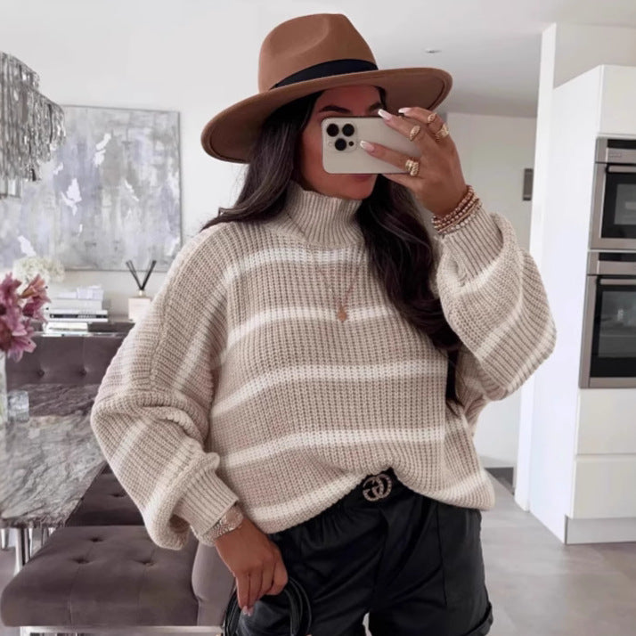 Damen gestreifter Oversized-Pullover mit modischem Rollkragen Drune