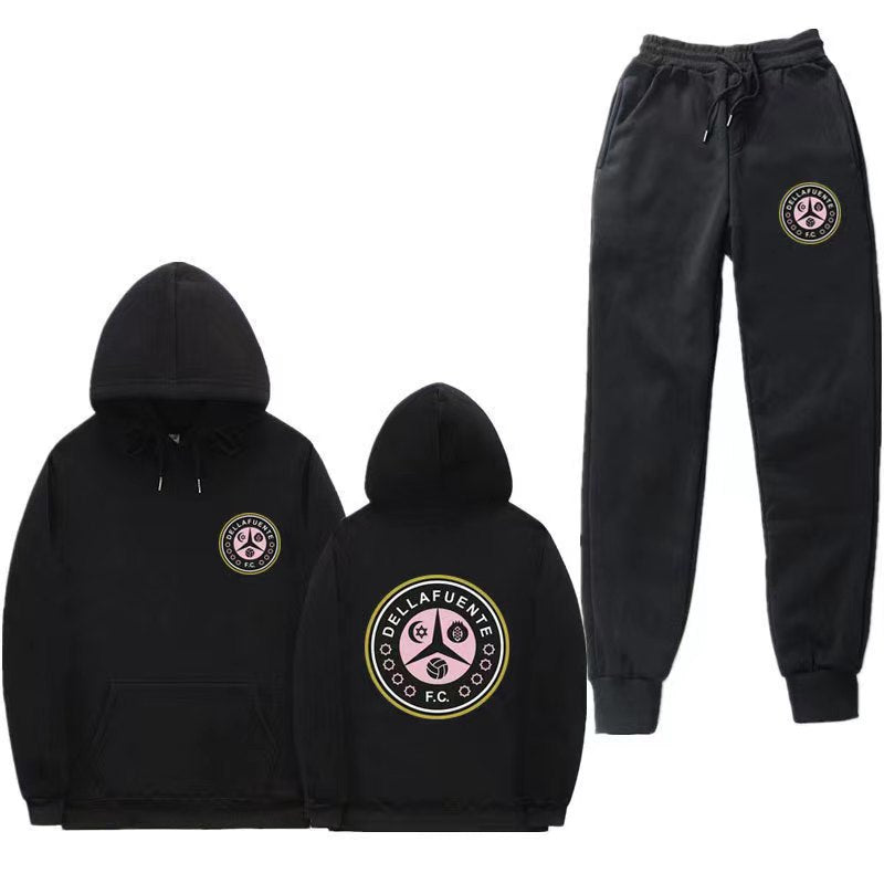 Damen bequeme Freizeit-Lounge-Anzug mit Kängurutasche und modernem Logo Drune