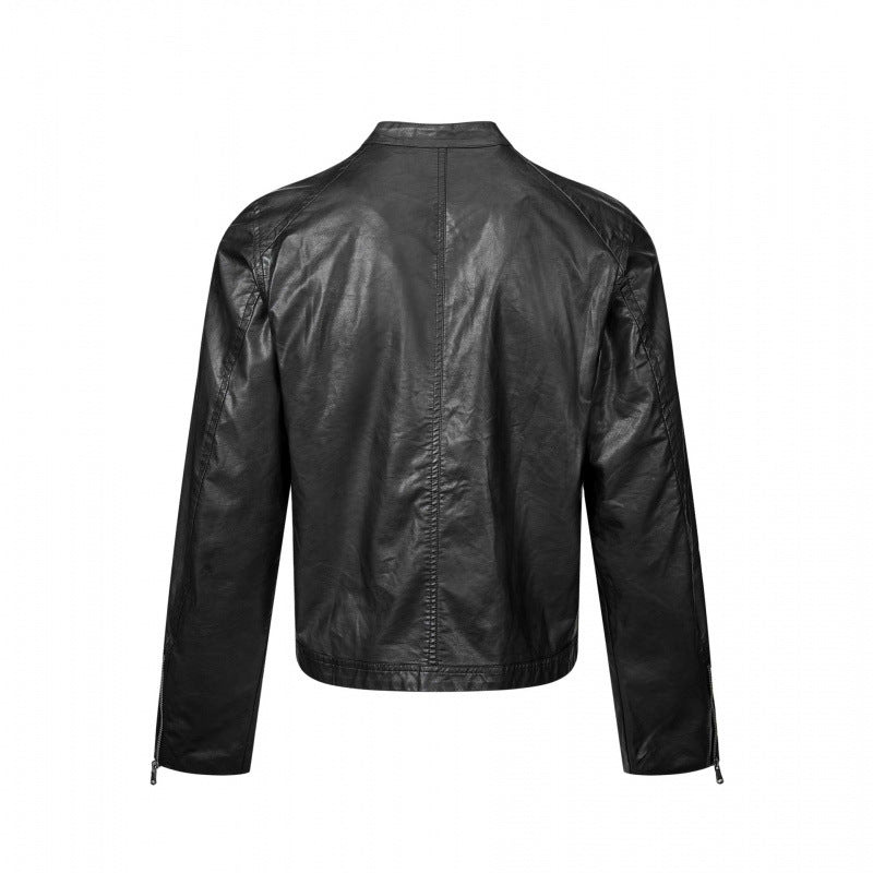 Herren Lederjacke im Bikerstil mit Stehkragen und diagonalen Reißverschlusstaschen Drune