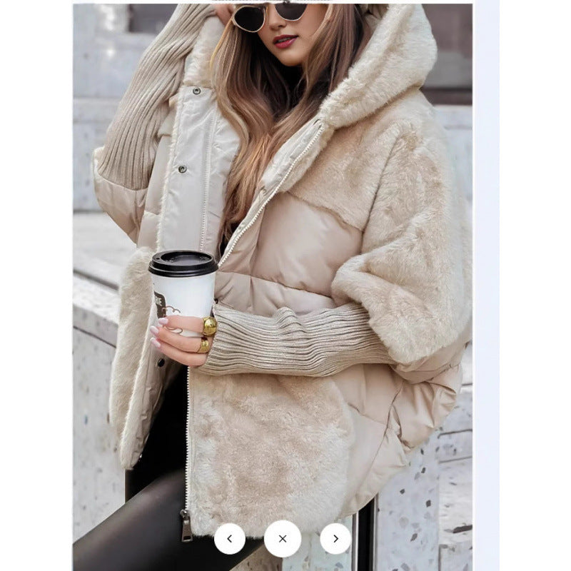 Damen nan gesteppte Kurzjacke mit Teddyfell-Einsätzen, Kapuze und integrierten Rippbündchen Drune