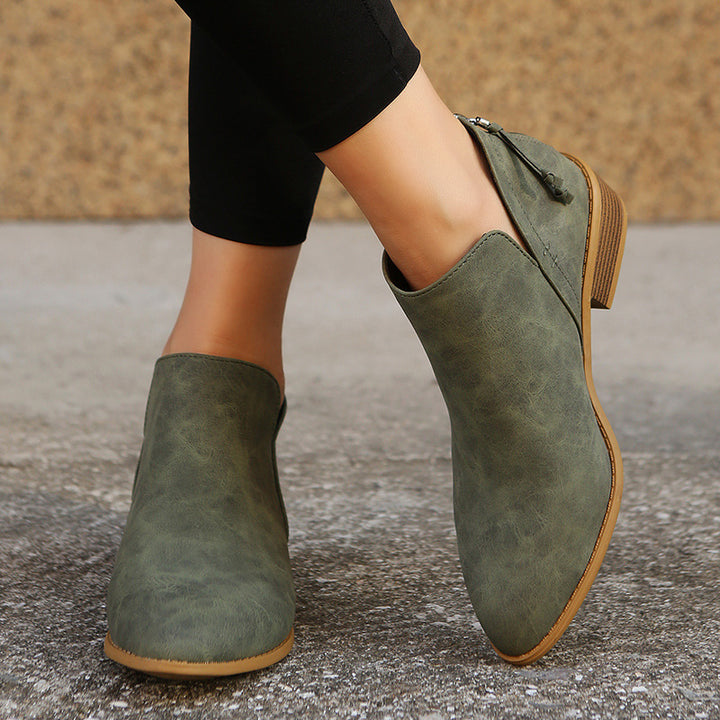 Damen nan spitze Ankleboots mit niedrigem Holzblockabsatz, V‑Cut Seitenöffnung und rückseitigem Reißverschluss Drune