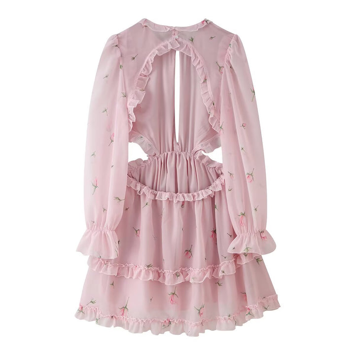 Damen Romantisches Chiffon-Minikleid mit Taillen-Cutouts, Volants und Puffärmeln Drune