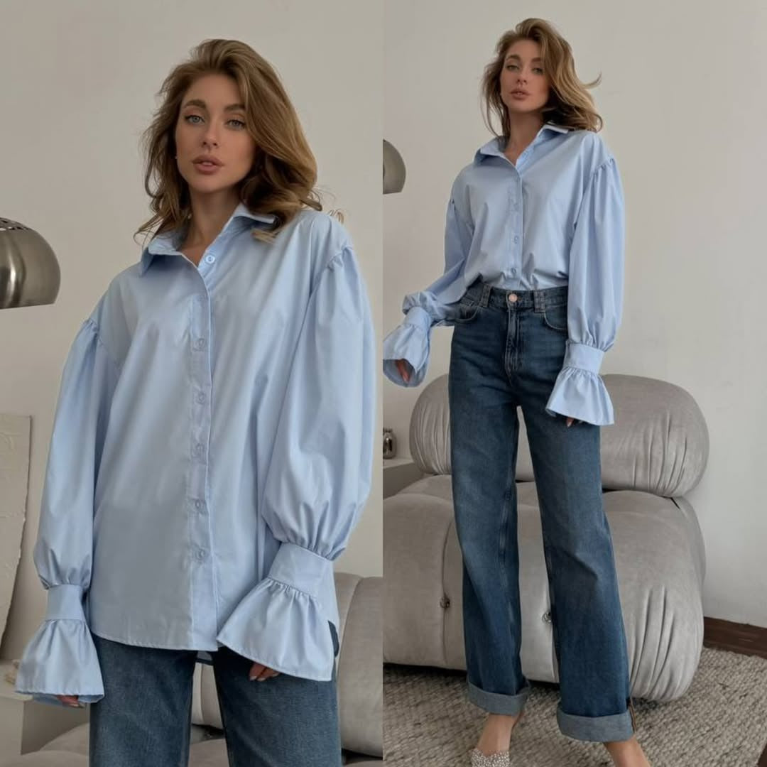 Damen Oversized-Bluse mit Volant-Manschetten und Ballonärmeln Drune