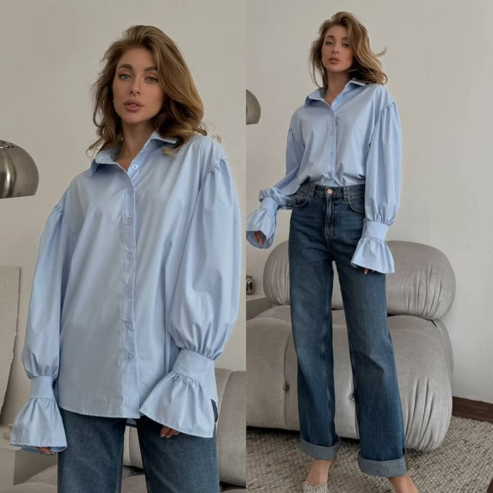 Damen Oversized-Bluse mit Volant-Manschetten und Ballonärmeln Drune