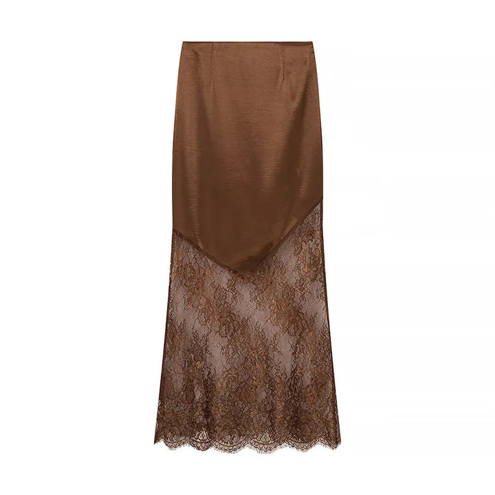 Damen nan Maxirock mit transparentem Spitzenunterteil und asymmetrischem Satin-Overlayer Drune