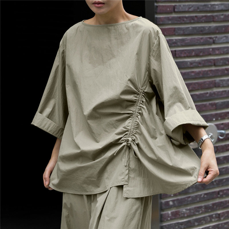 Damen Oversize-Bluse mit seitlicher Kordel‑Raffung, U‑Boot‑Ausschnitt und weiten Ärmeln Drune