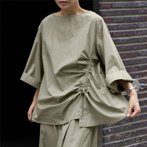 Damen Oversize-Bluse mit seitlicher Kordel‑Raffung, U‑Boot‑Ausschnitt und weiten Ärmeln Drune