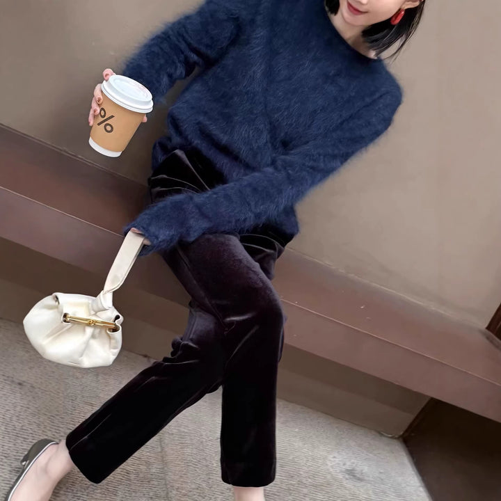 Damen Samt-Hose mit geradem Bein und hoher Taille Drune