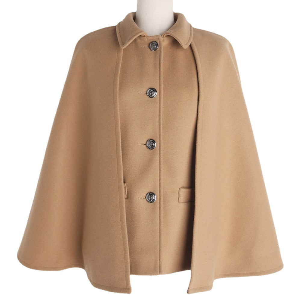 Damen Kurzer Wollmix-Cape-Mantel mit Hemdkragen und aufgesetzten Taschen Drune