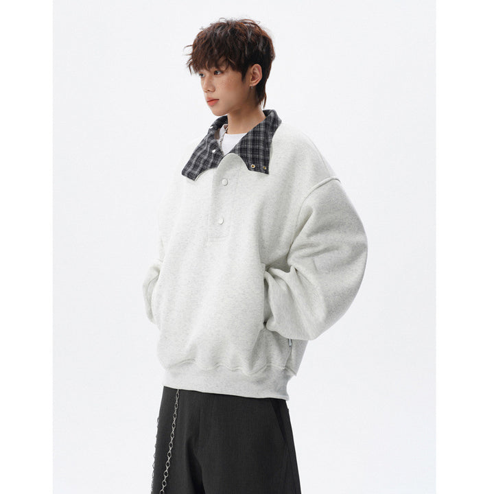 Unisex Oversized Sweatshirt mit abnehmbarem Karo-Kragen und Druckknopfleiste Drune