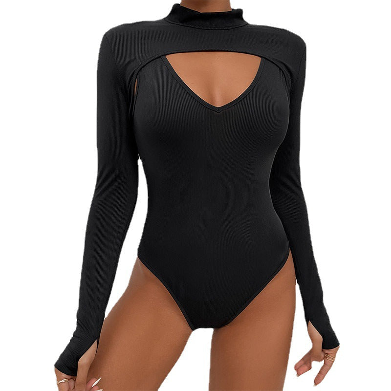 Damen Figurbetontes Ripp-Body mit Cut-Out, Stehkragen und langen Ärmeln Drune