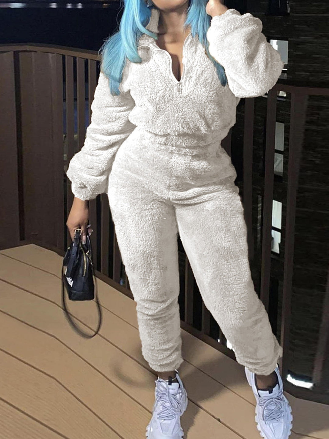 Damen nan kuscheliges Teddy-Fleece Zweiteiler mit Halbreißverschluss und High-Waist Jogginghose Drune