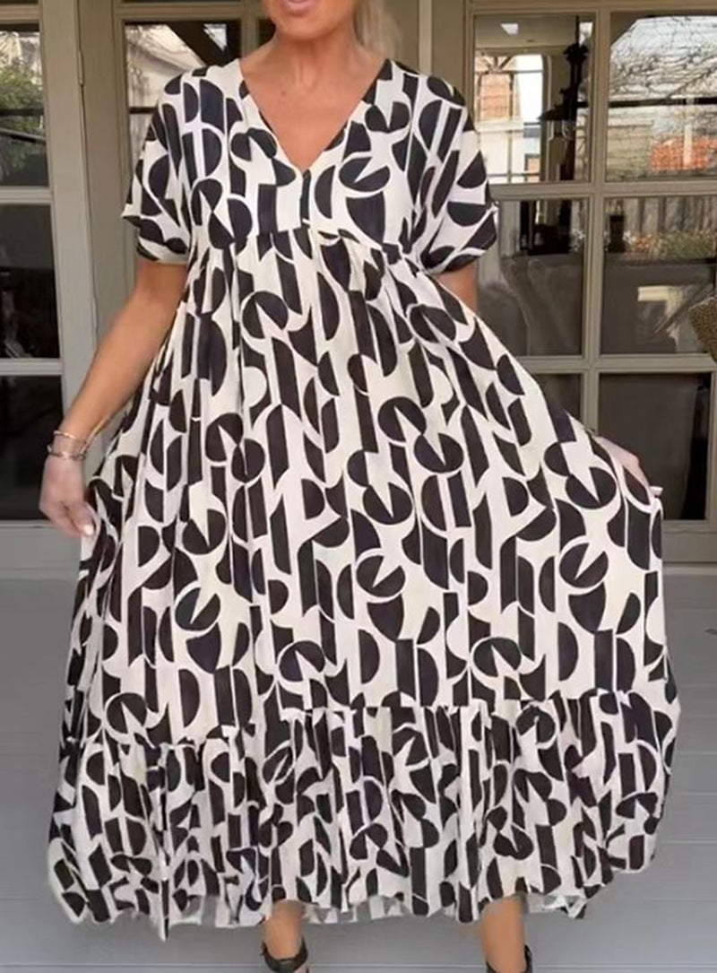 Damen nan voluminöses Maxikleid mit Unterbrustnaht, V-Ausschnitt, kurzen Kimonoärmeln und Stufenvolant Drune