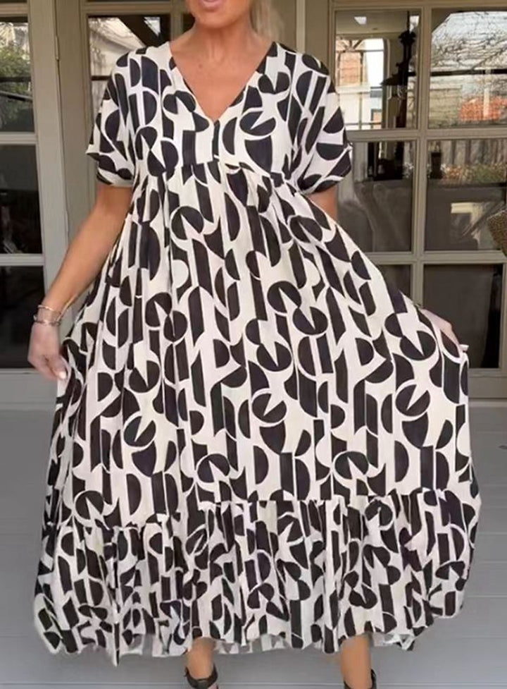 Damen nan voluminöses Maxikleid mit Unterbrustnaht, V-Ausschnitt, kurzen Kimonoärmeln und Stufenvolant Drune