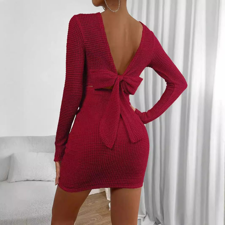 Damen figurbetontes Strickminikleid mit feiner Waffelstruktur und Rundhalsausschnitt Drune