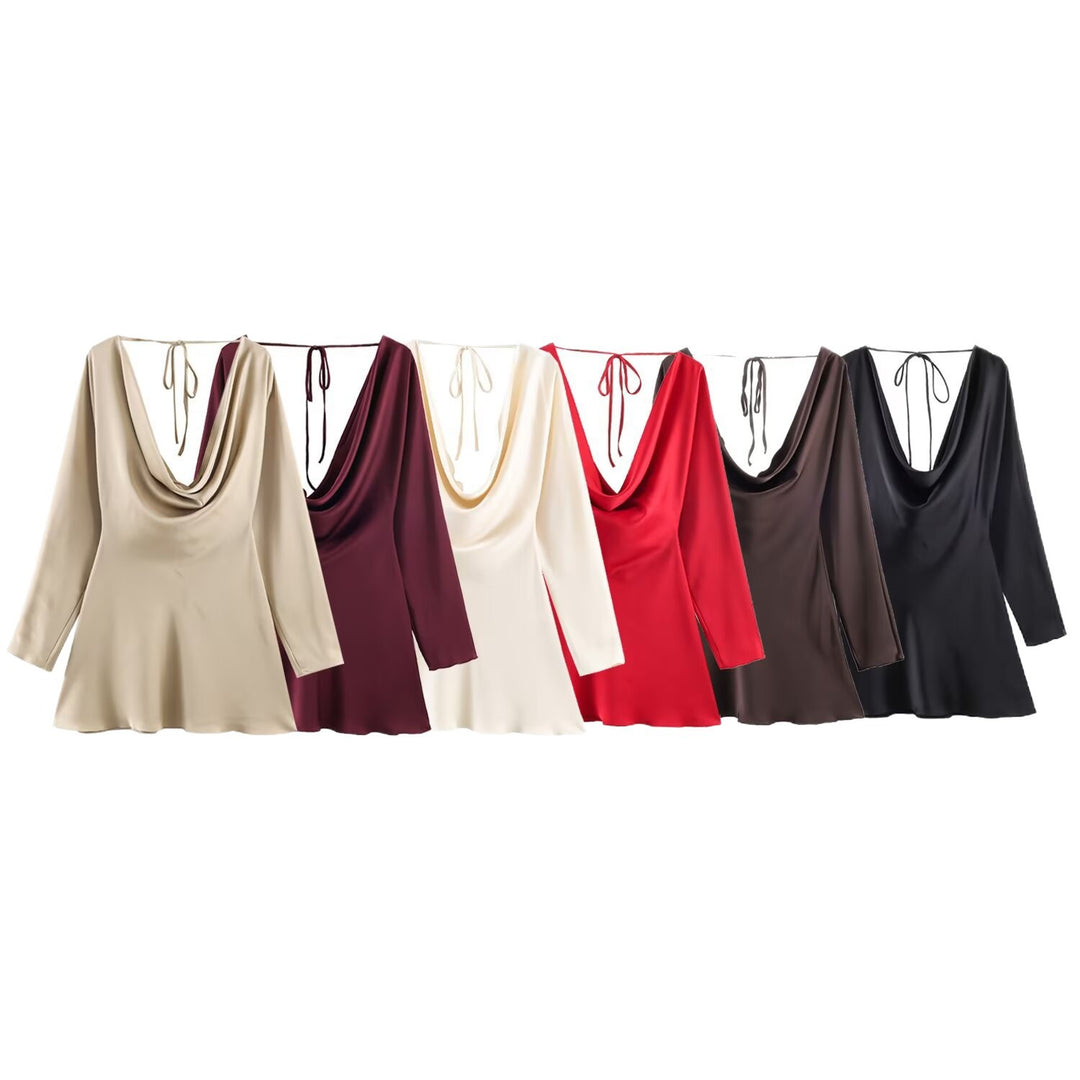 Damen Kurzes Satin-Minikleid mit tiefem Wasserfall‑Rücken, V‑Ausschnitt vorne und langen Ärmeln Drune