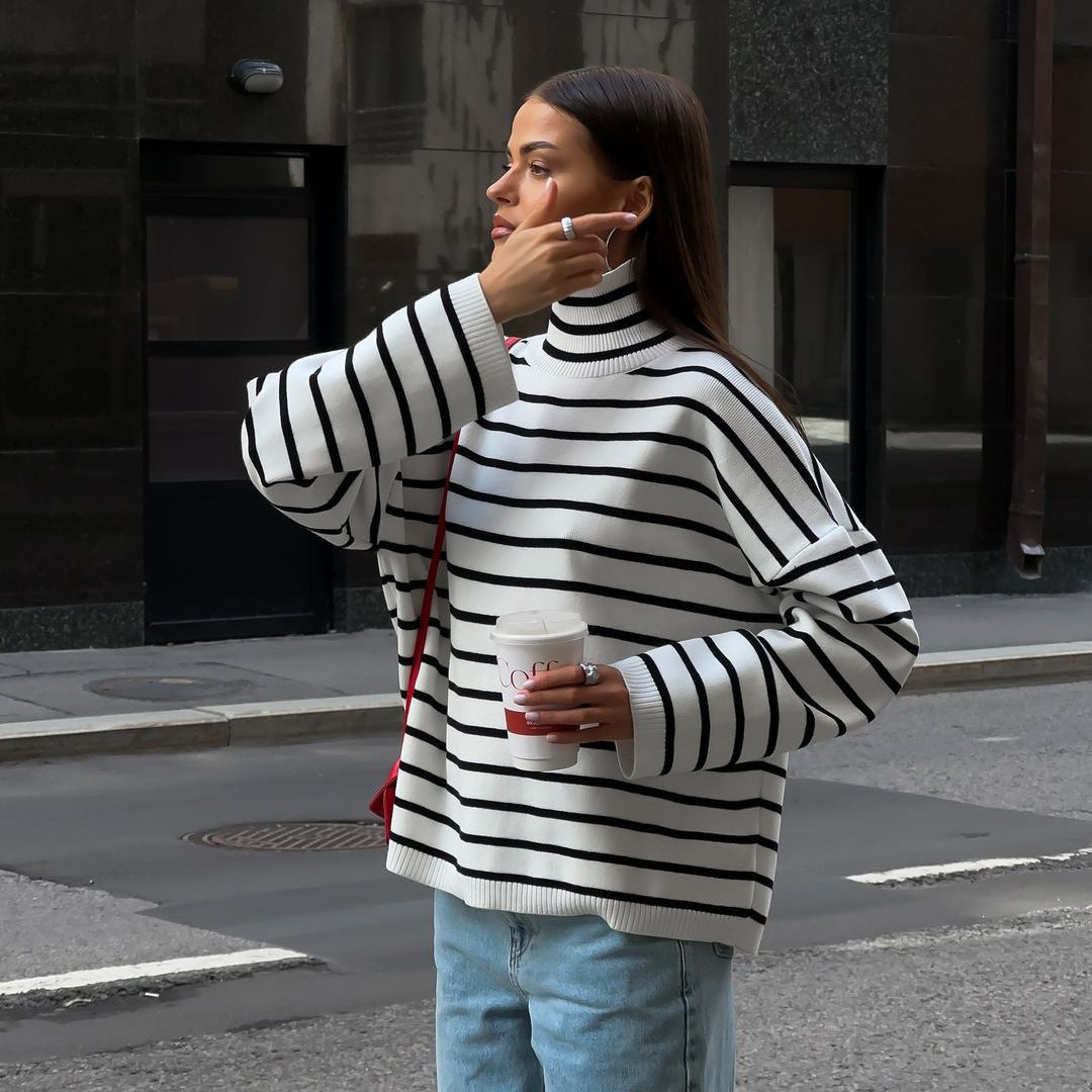 Damen Modischer Oversized Pullover mit Streifenmuster Drune