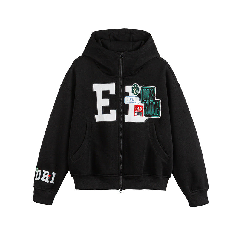 Unisex Oversize Kapuzenzipjacke mit Collegiate‑Patches Drune