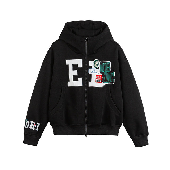 Unisex Oversize Kapuzenzipjacke mit Collegiate‑Patches Drune