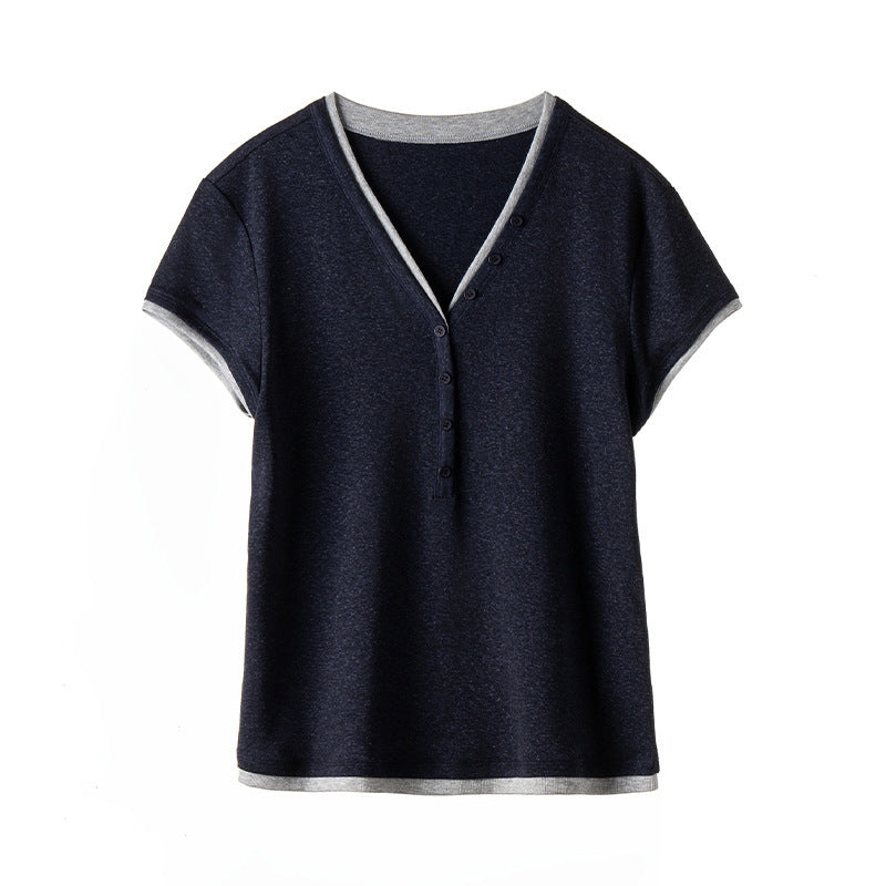 Damen Kurzärmeliges V-Ausschnitt-Henley-Shirt aus Stretch-Jersey mit feiner Knopfleiste Drune