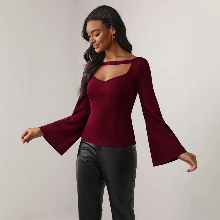Damen figurbetontes Oberteil mit Cut-Out-Ausschnitt und Glockenärmeln Drune