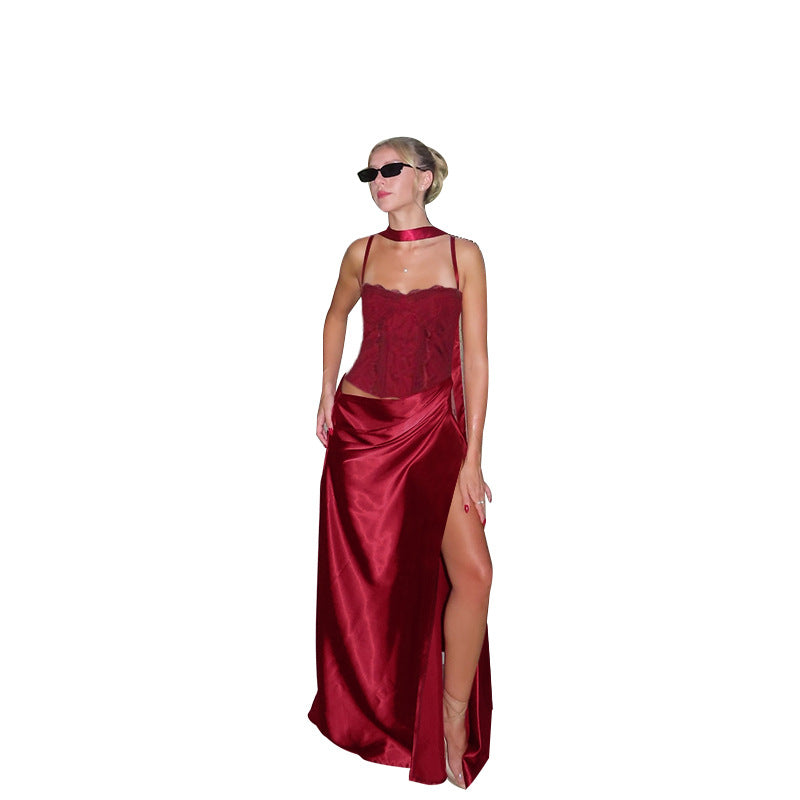 Damen elegantes Maxikleid mit Spitzenoberteil und fließendem Rock Drune