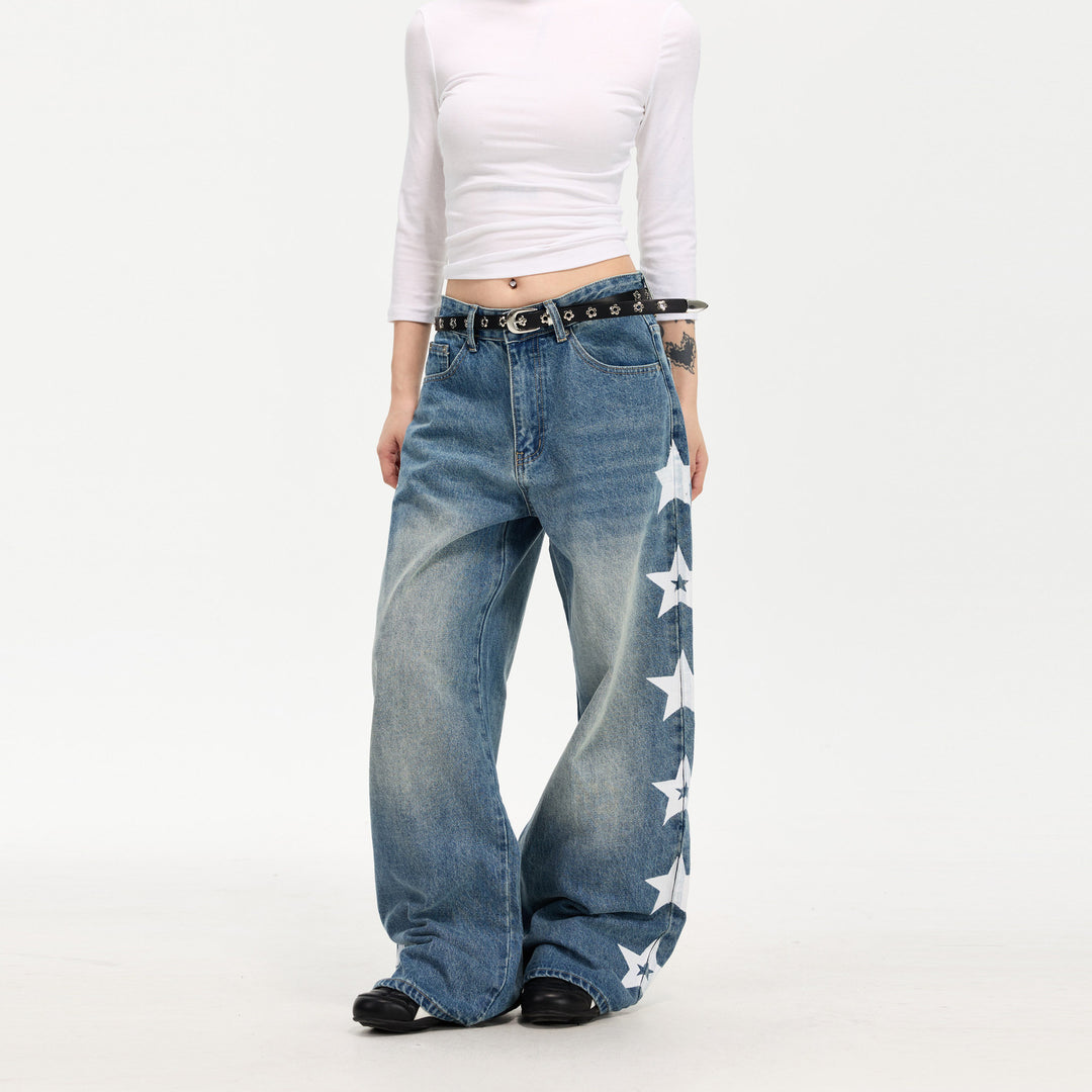 Damen Modische Weitgeschnittene Jeans mit Sternen-Design Drune