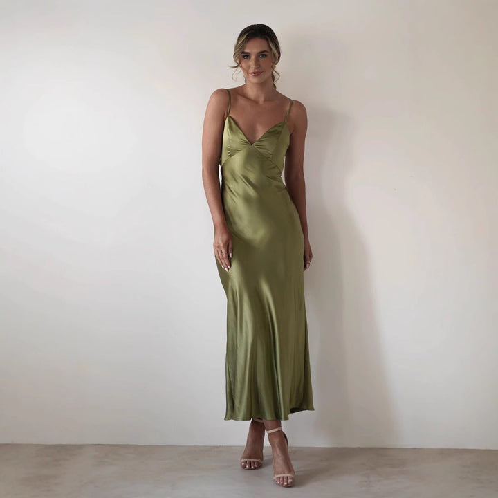 Damen Satin Maxikleid im eleganten Schnitt mit schmalen Spaghettiträgern Drune