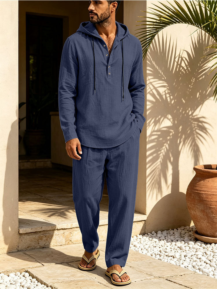 Herren Lässiges Leinen-Look Freizeit-Set mit Kapuzenhemd und weiten Hosen Drune