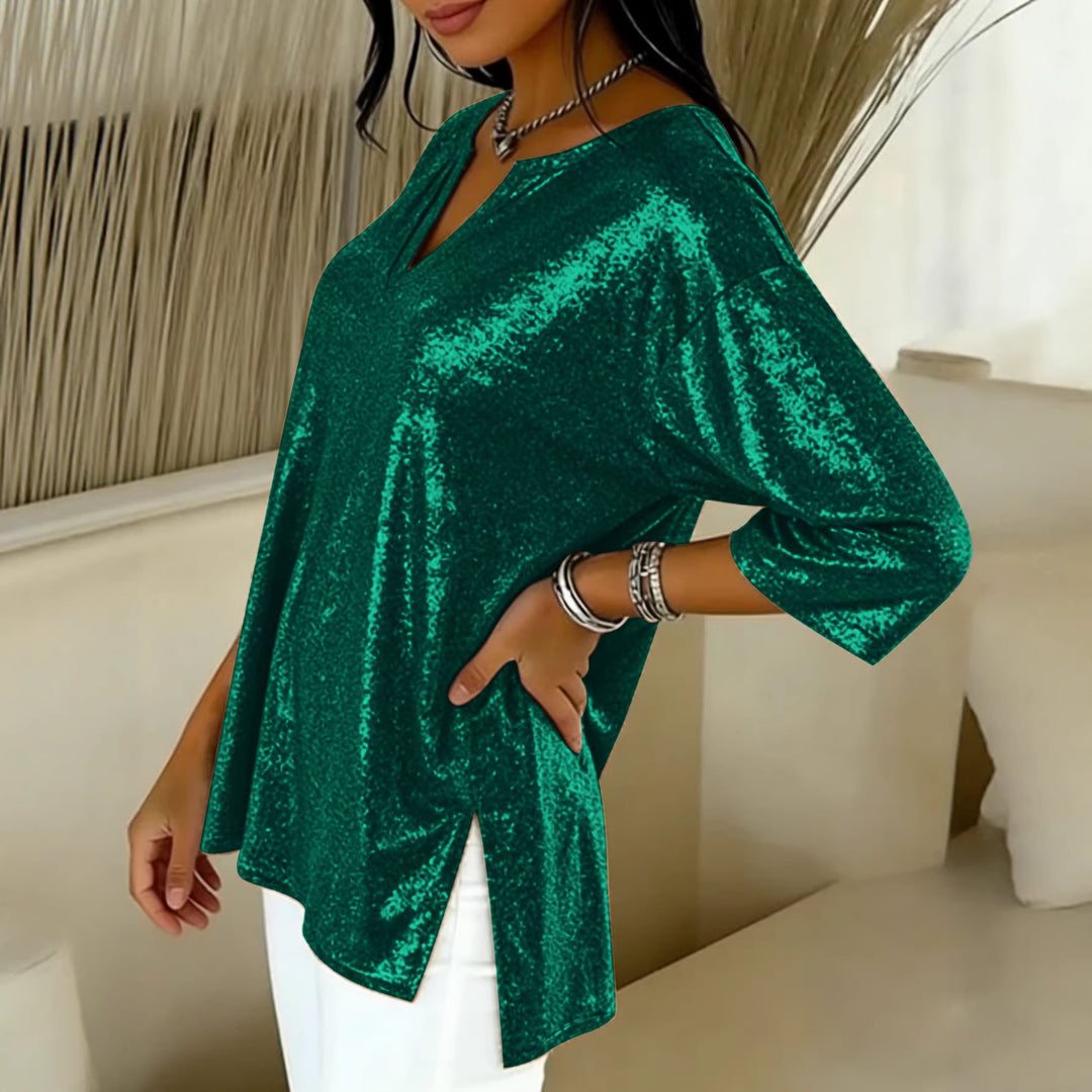 Damen Glänzendes Oversize-Tunika-Shirt mit V‑Ausschnitt und Seitenschlitzen Drune