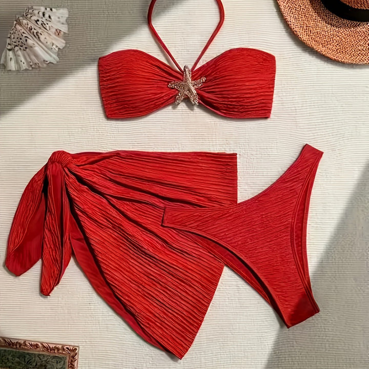 Damen Bandeau-Bikini-Set mit verspieltem Wickelrock und funkelndem Starfish-Detail Drune