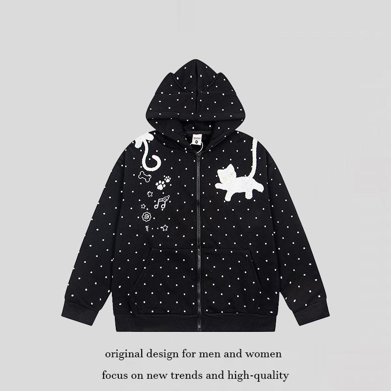 Damen Kapuzen‑Sweatjacke mit Katzenohren, Punktallover und Chenille‑Katzenapplikation Drune